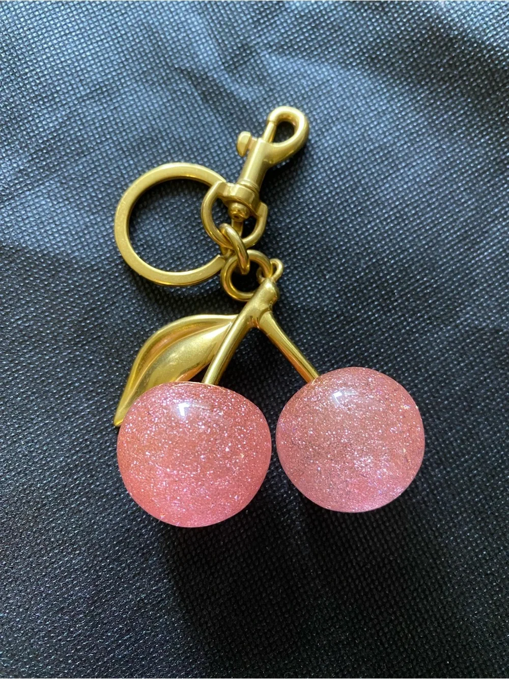 Gold Cherry Keychain or Bag Charm with Pink Glitter Charms